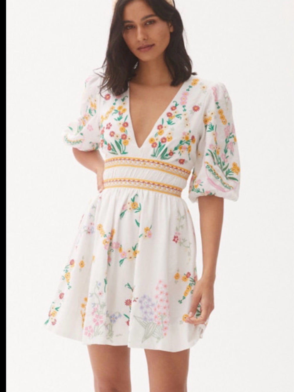 Anthropologie White Floral Embroidered V-Neck Mini Dress - Picture 3 of 3